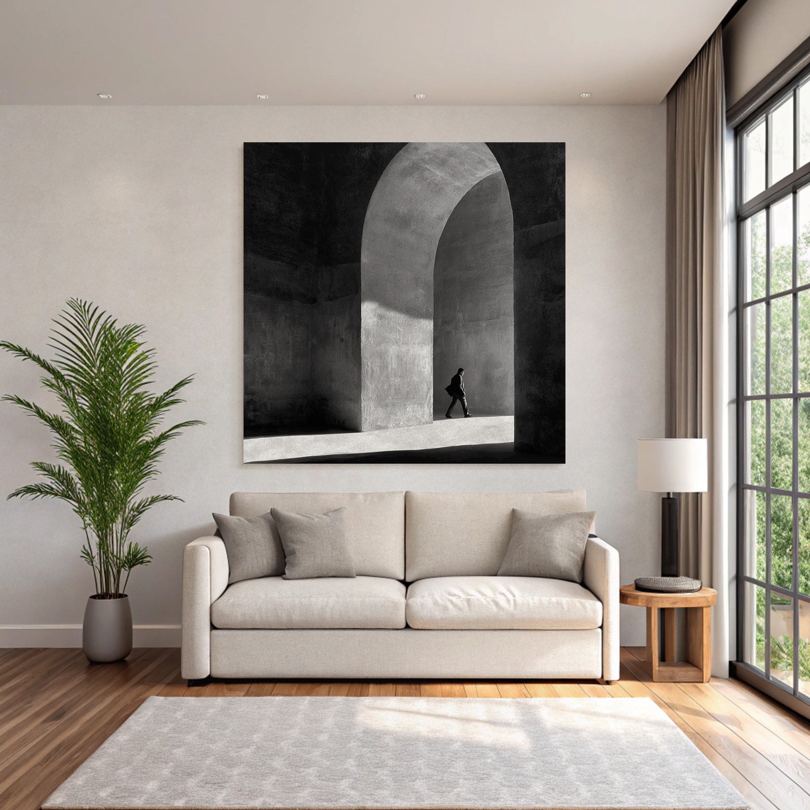 Schwarzweißfoto Person In Gewölbe Mit Licht Und Schatten