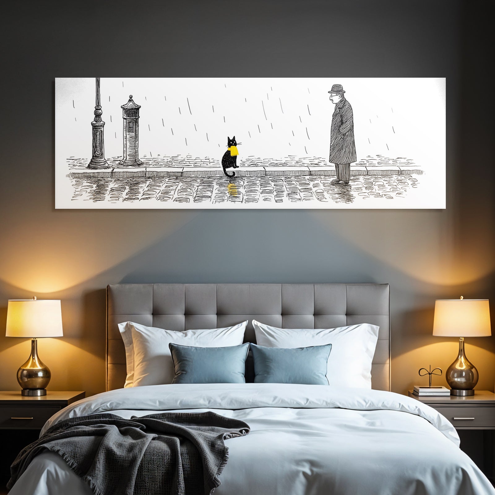 Schwarze Katze Gelbe Schleife Regnerische Straße Melancholie