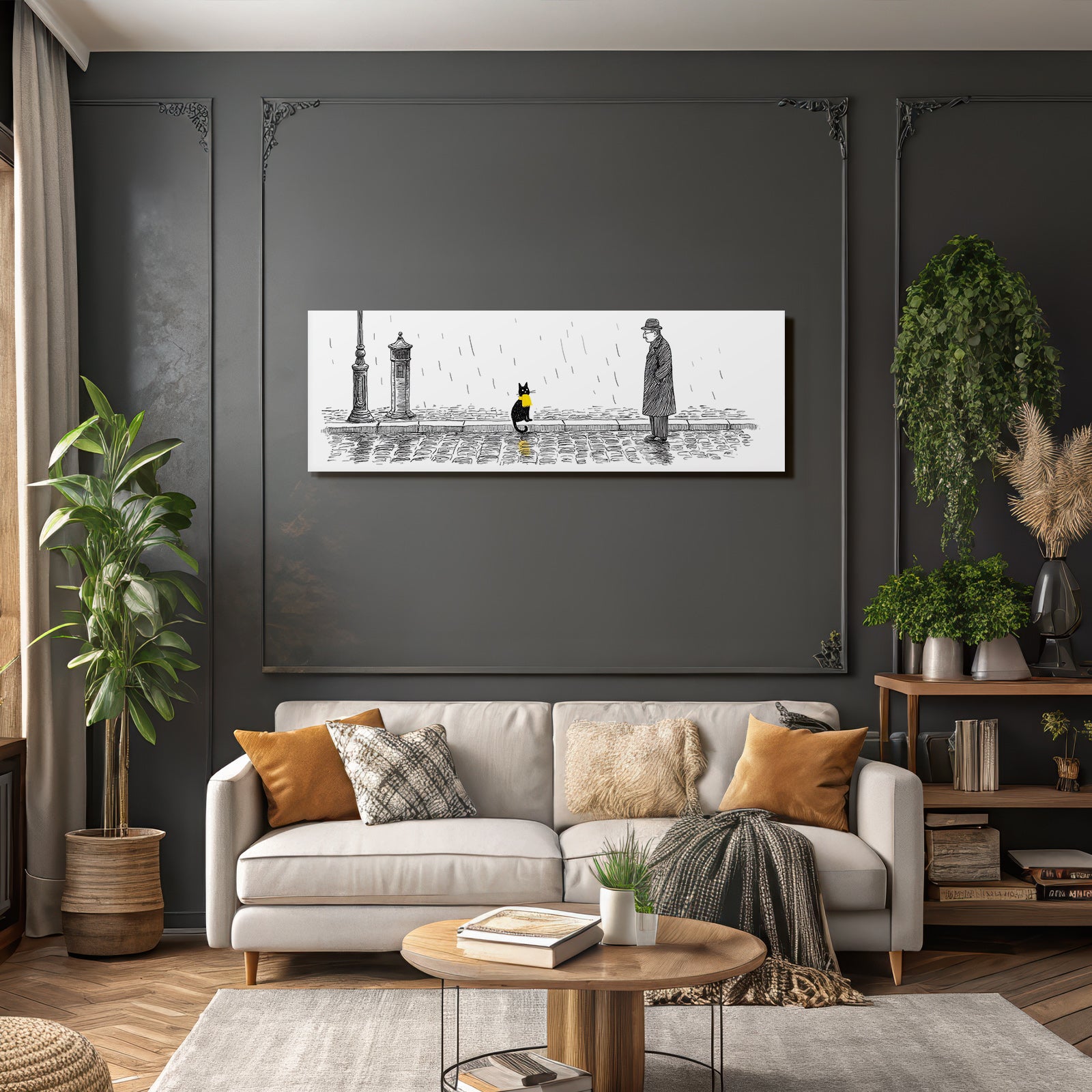 Schwarze Katze Gelbe Schleife Regnerische Straße Melancholie