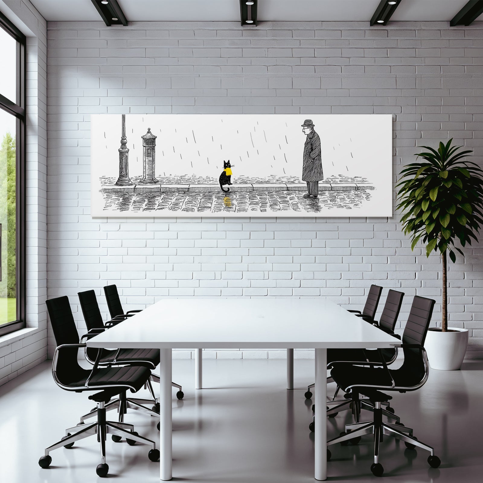 Schwarze Katze Gelbe Schleife Regnerische Straße Melancholie