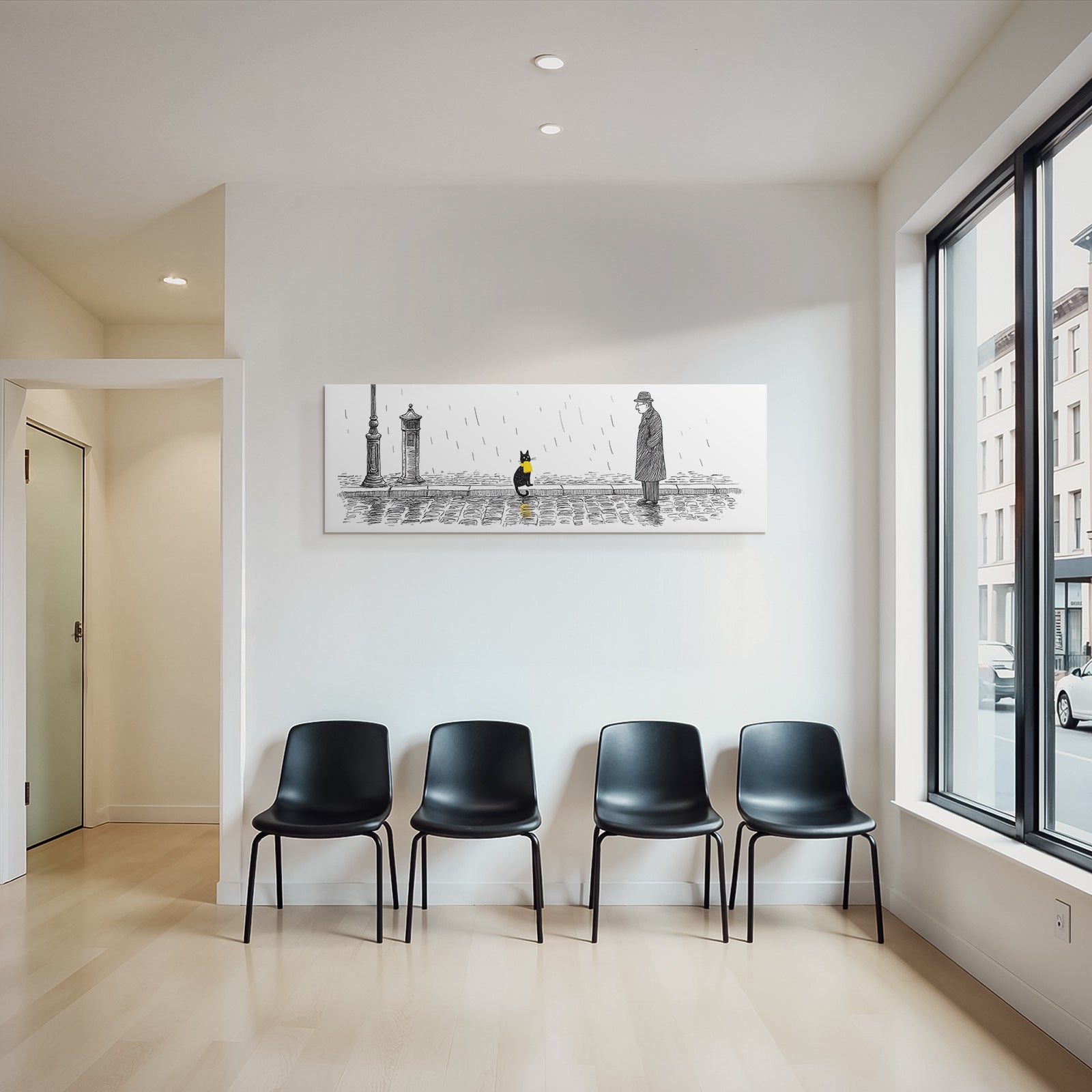 Schwarze Katze Gelbe Schleife Regnerische Straße Melancholie