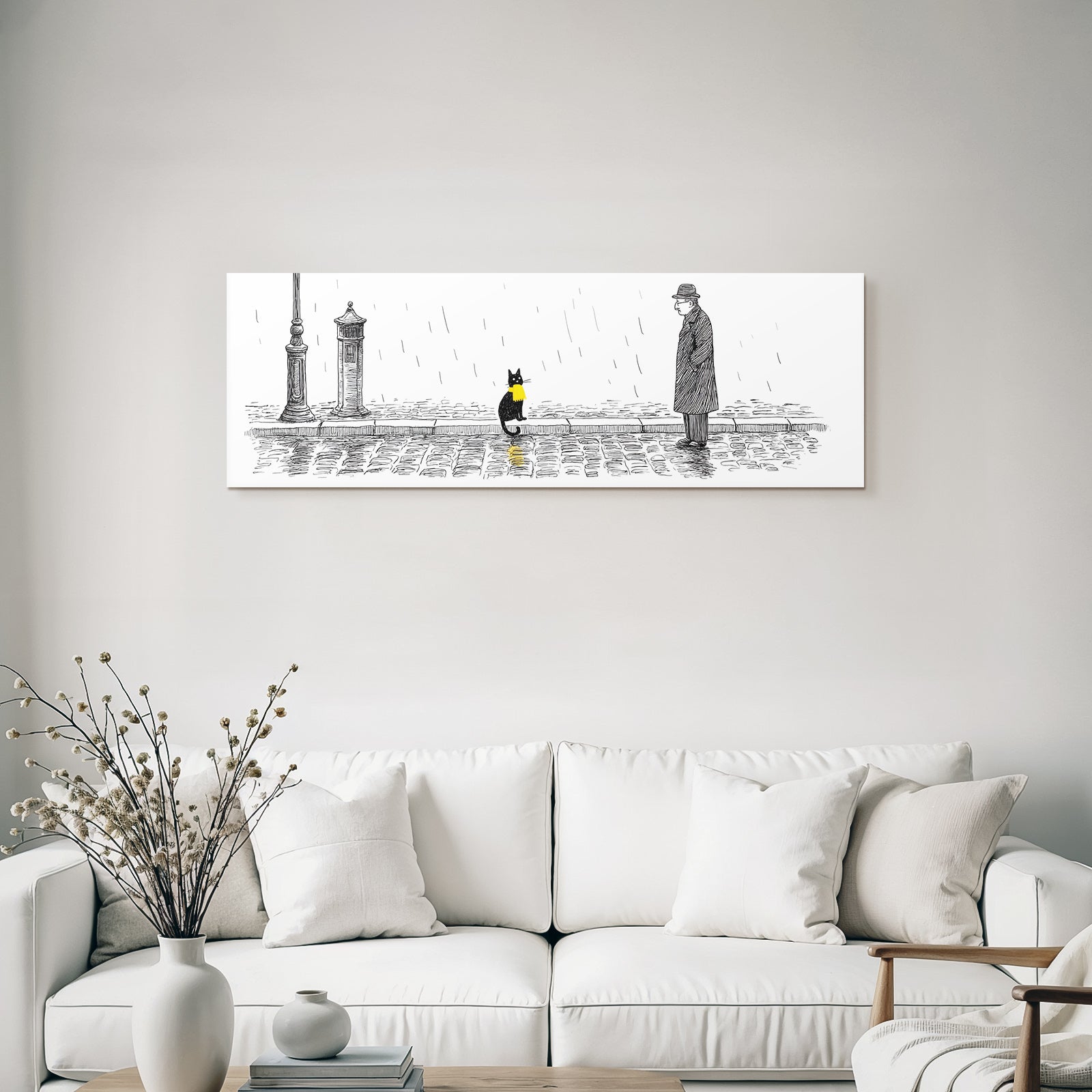 Schwarze Katze Gelbe Schleife Regnerische Straße Melancholie