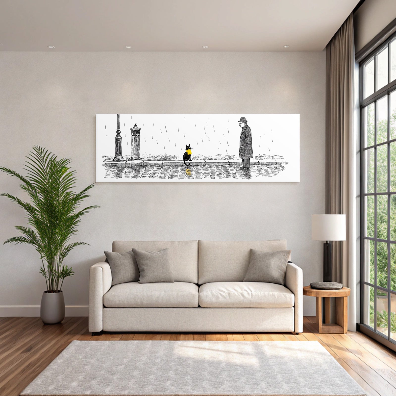 Schwarze Katze Gelbe Schleife Regnerische Straße Melancholie