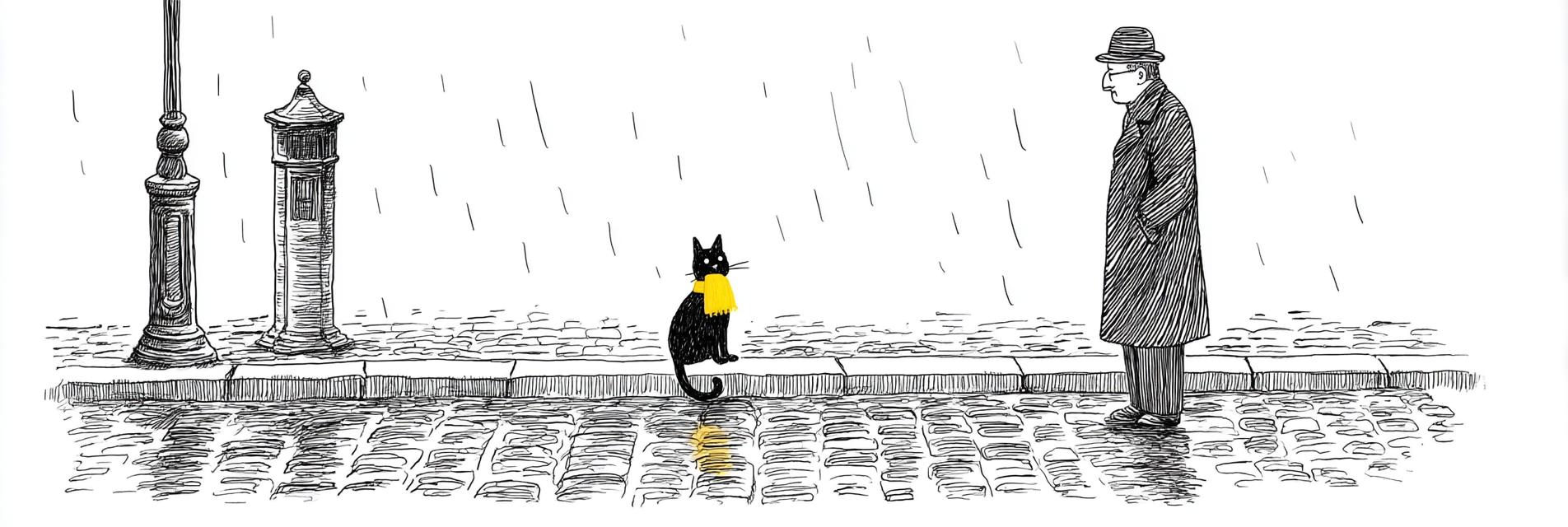 Schwarze Katze Gelbe Schleife Regnerische Straße Melancholie | Illustration und Zeichnung | Kunstgattungen