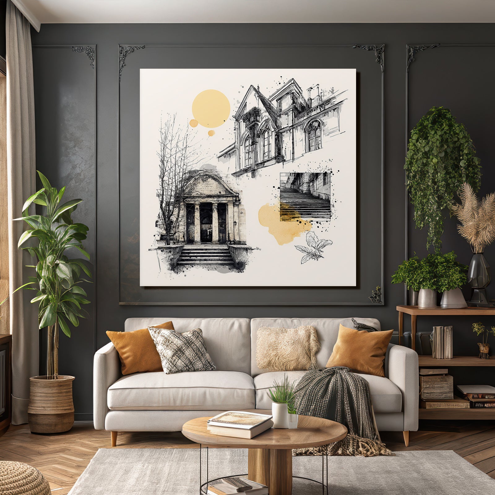 City Architecture Sketches Illustration With Paint Splashes