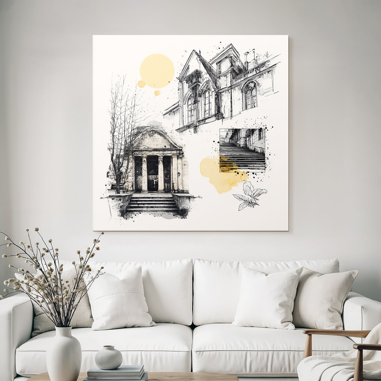 City Architecture Sketches Illustration With Paint Splashes
