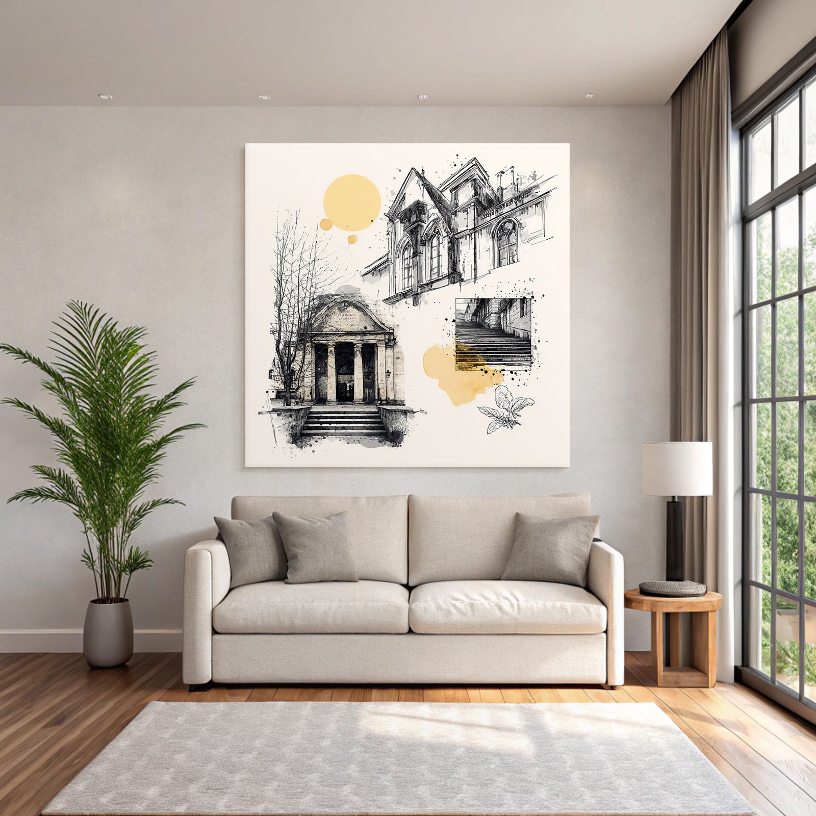 City Architecture Sketches Illustration With Paint Splashes
