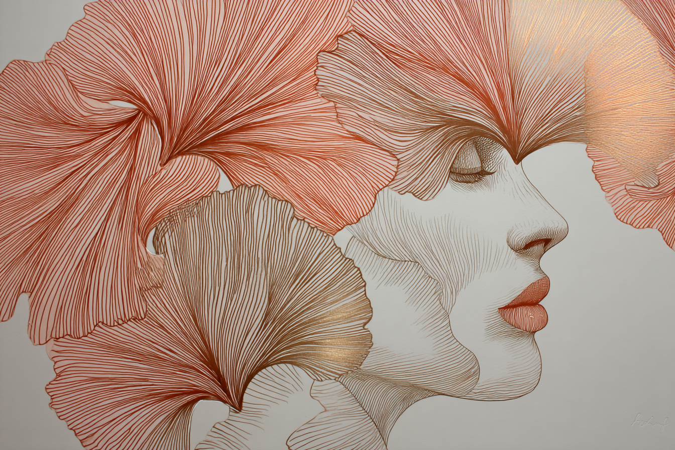 Stylisierte Gesichtsface Umgeben Von Blumen Oder Blattmustern | Illustration und Zeichnung | Kunstgattungen