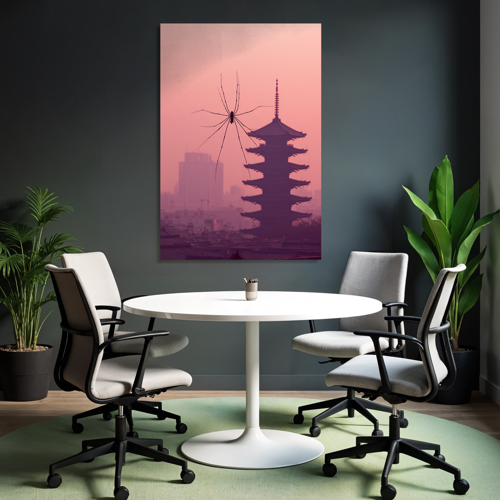 Spider silhouette in front of pagoda building in pastel pink sky