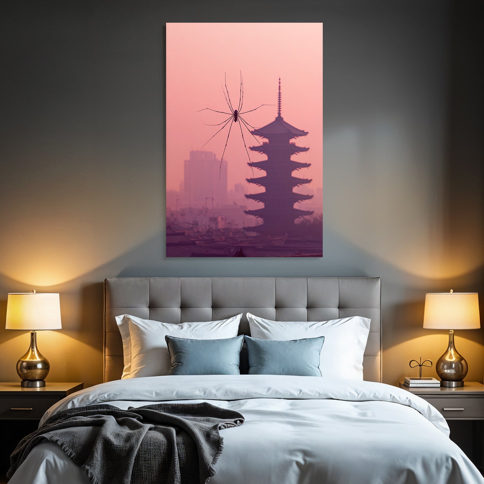 Spider silhouette in front of pagoda building in pastel pink sky