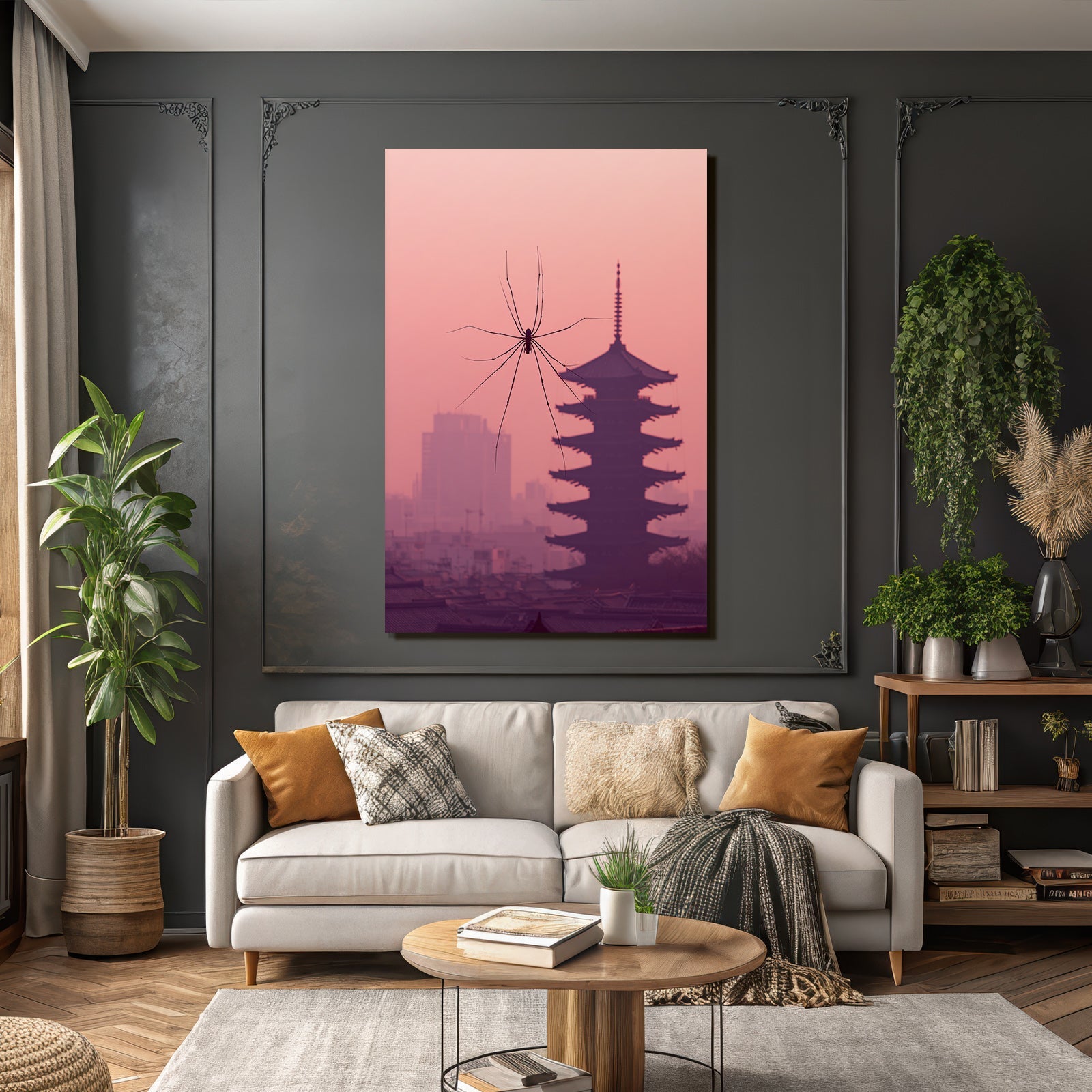 Spider silhouette in front of pagoda building in pastel pink sky