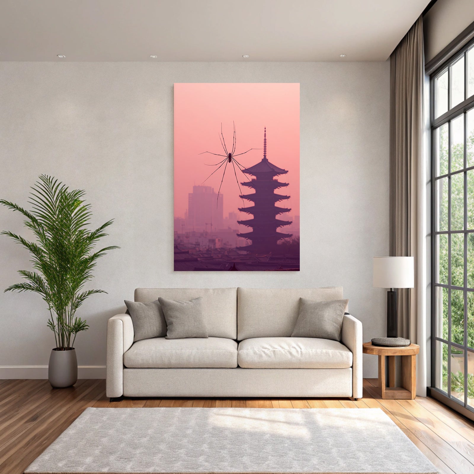 Spider silhouette in front of pagoda building in pastel pink sky