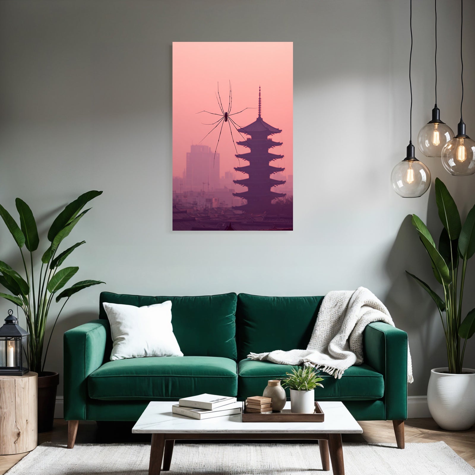Spider silhouette in front of pagoda building in pastel pink sky