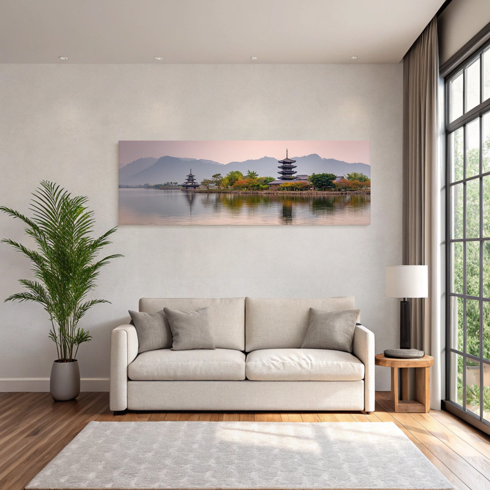 See Mit Pagoden Und Bergen Im Sonnenaufgang