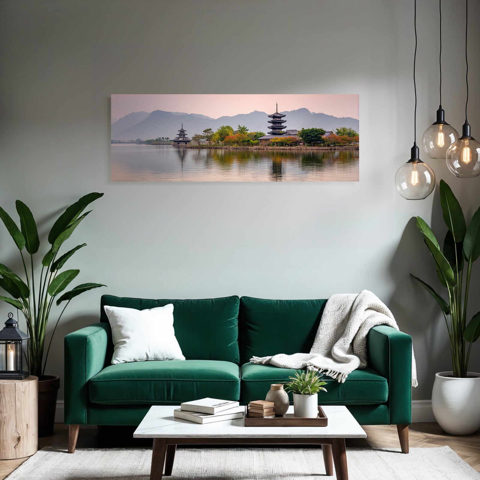 See Mit Pagoden Und Bergen Im Sonnenaufgang