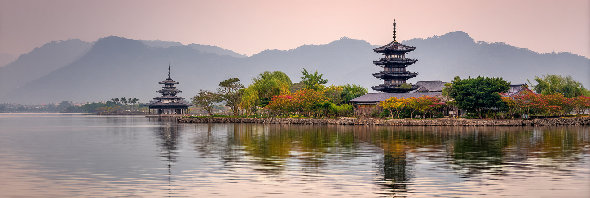 See Mit Pagoden Und Bergen Im Sonnenaufgang | Asien | Laender und Reisen