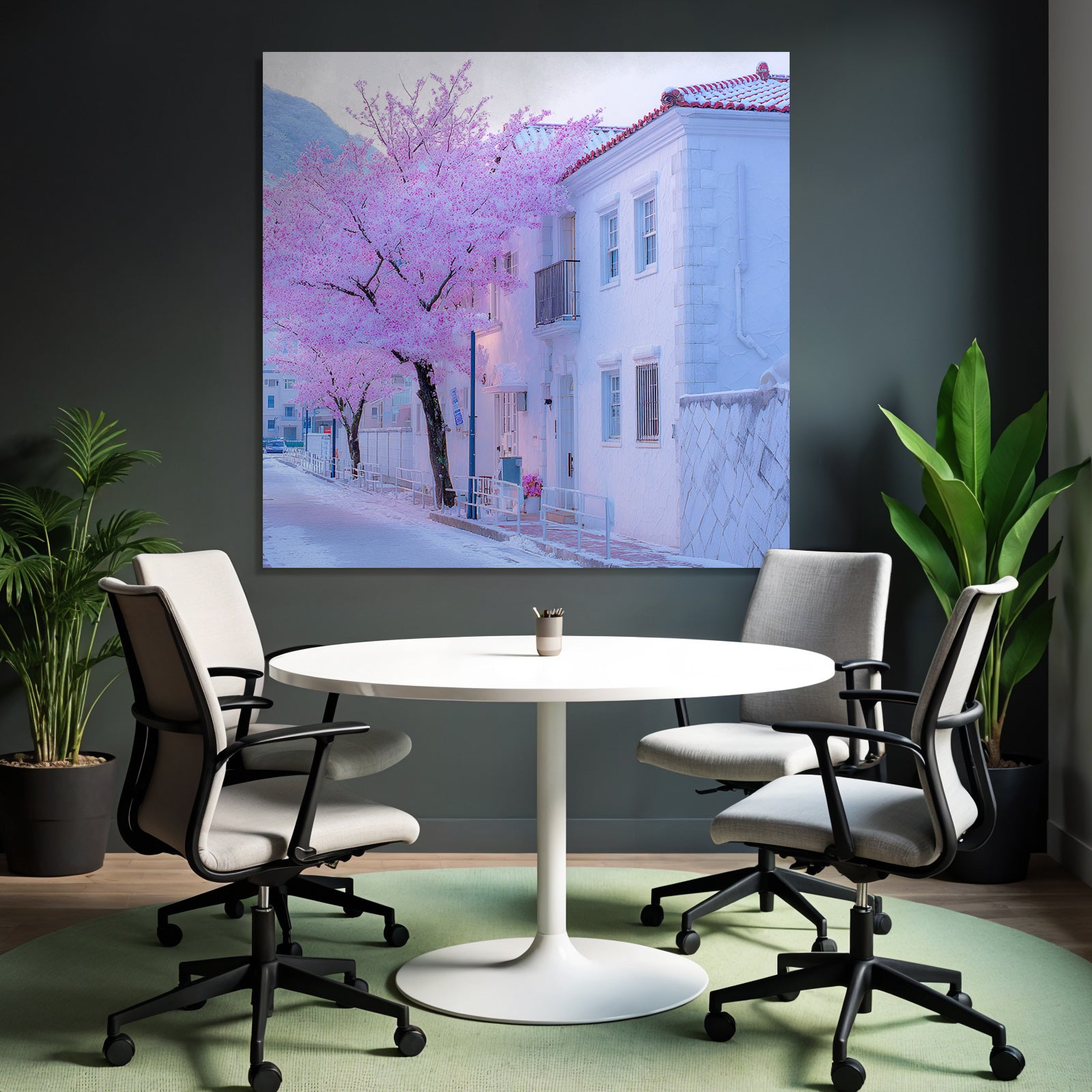 Ruhige Strassenszene Mit Rosa Blütenbaum Neben Weissem Gebäude Im Winter