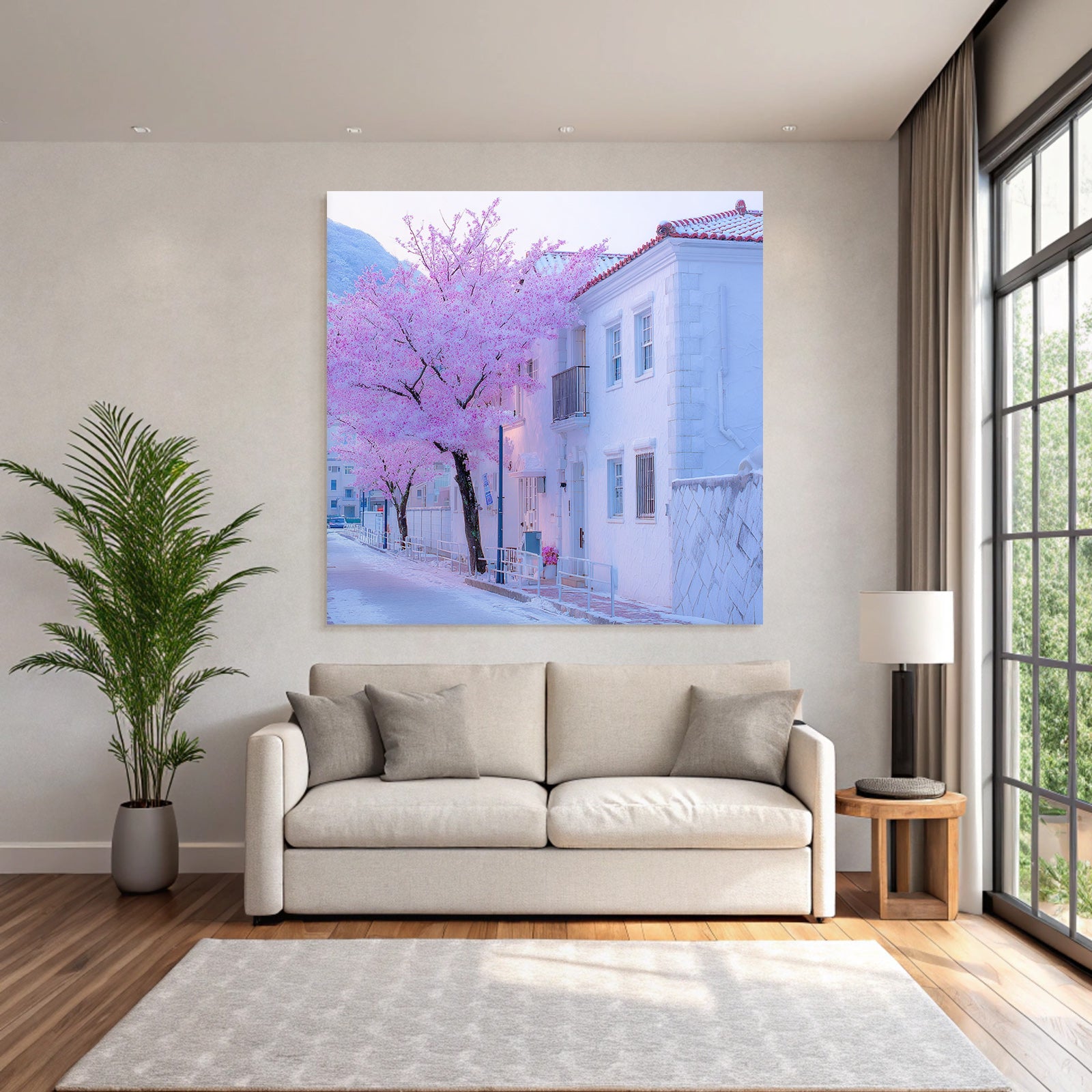 Ruhige Strassenszene Mit Rosa Blütenbaum Neben Weissem Gebäude Im Winter