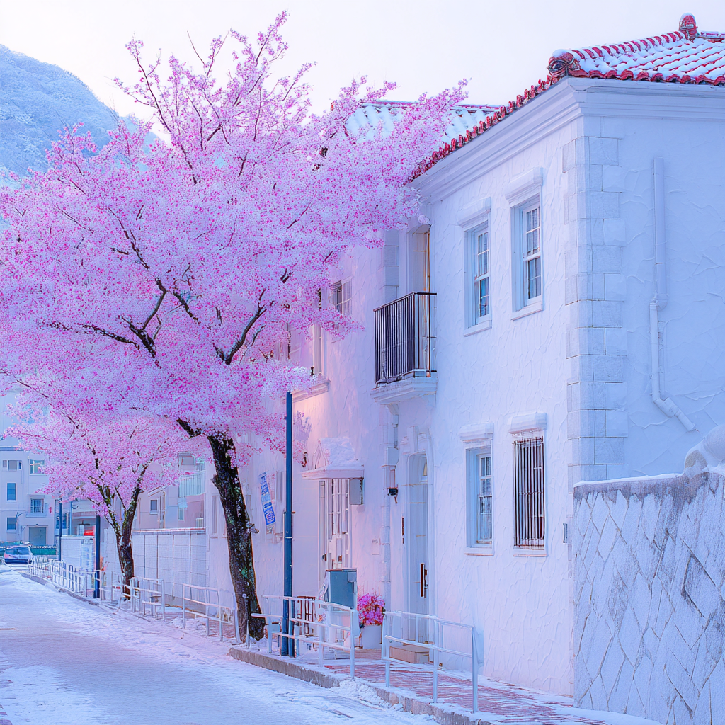 Ruhige Strassenszene Mit Rosa Blütenbaum Neben Weissem Gebäude Im Winter | Asien | Laender und Reisen