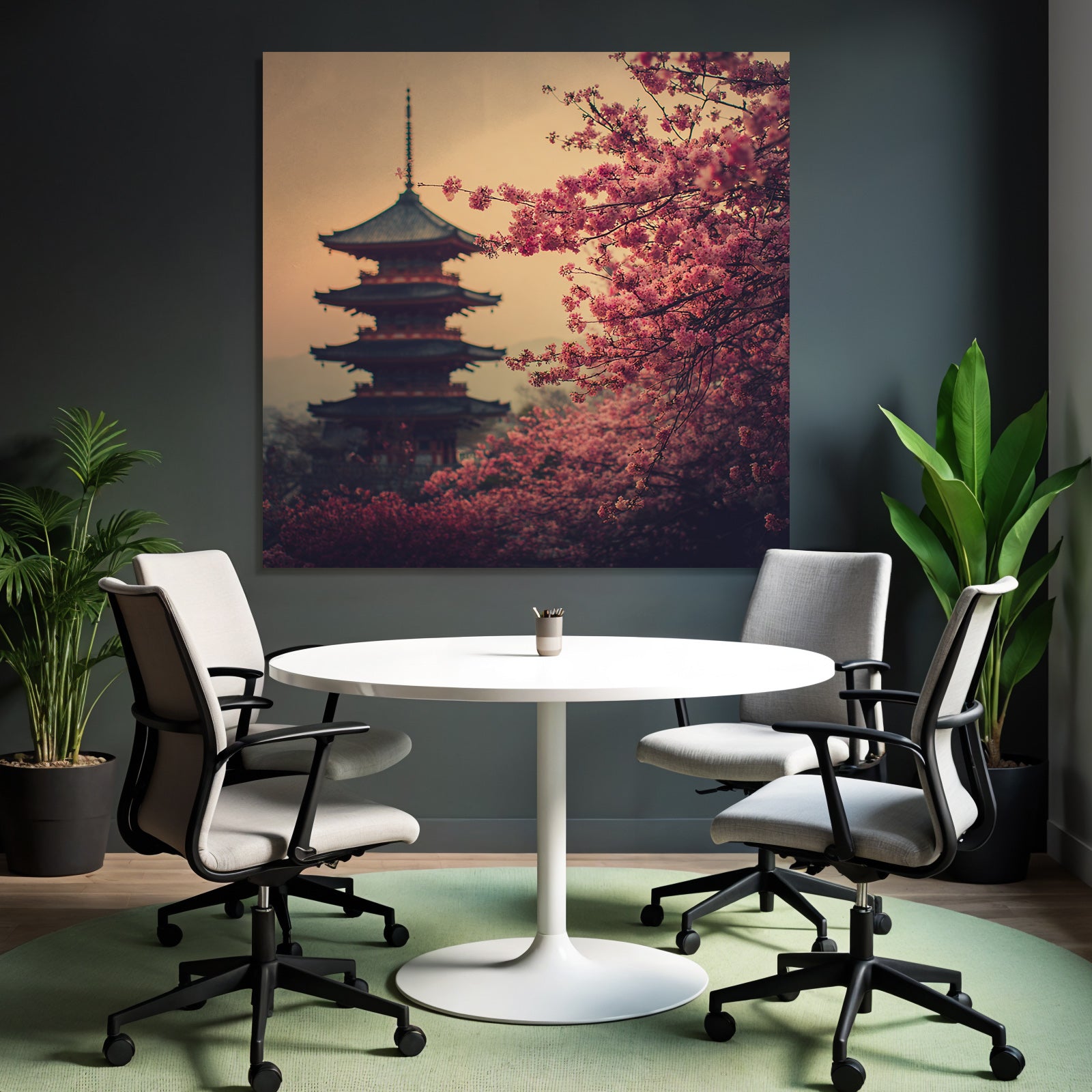 Sunset with pagoda and cherry blossoms