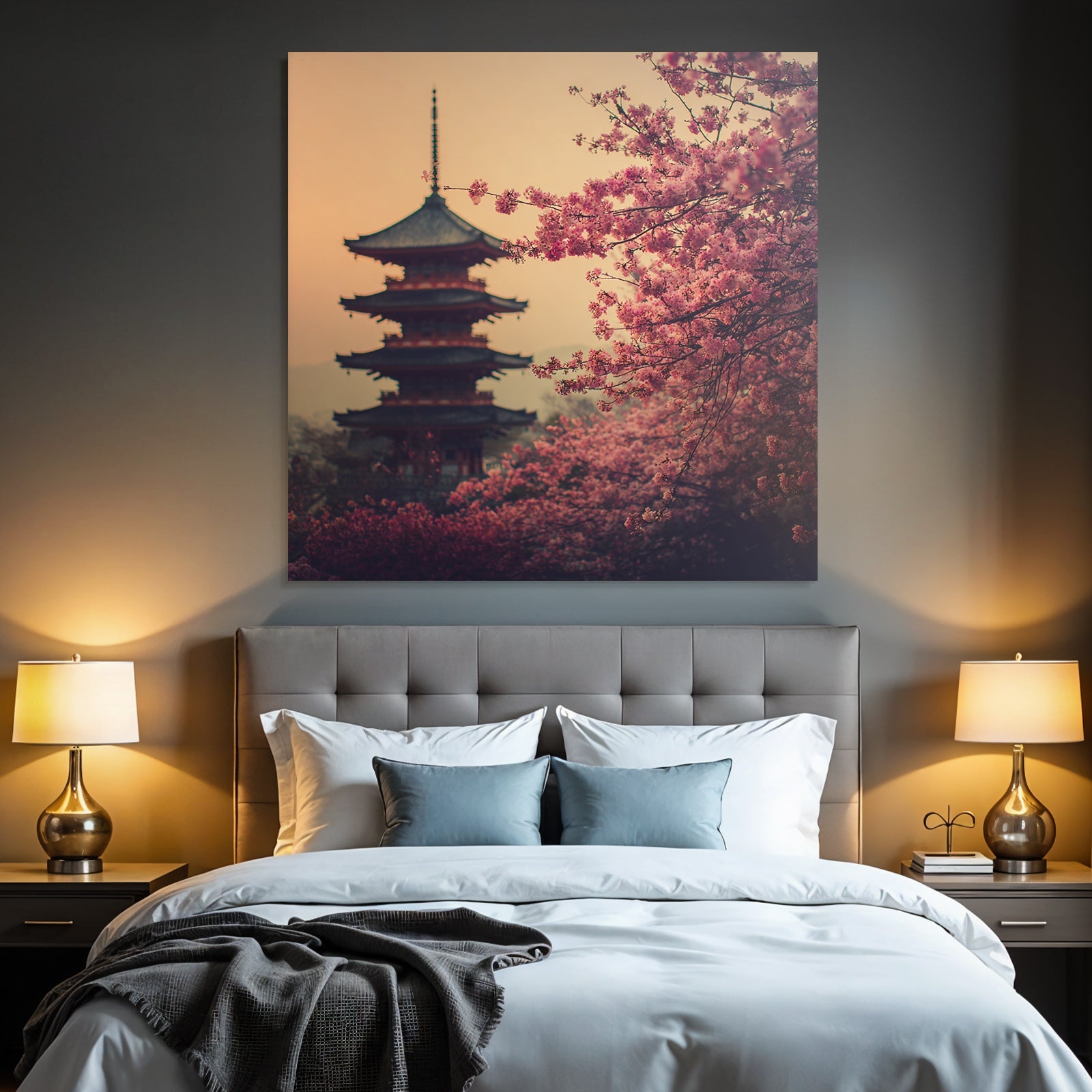 Sunset with pagoda and cherry blossoms