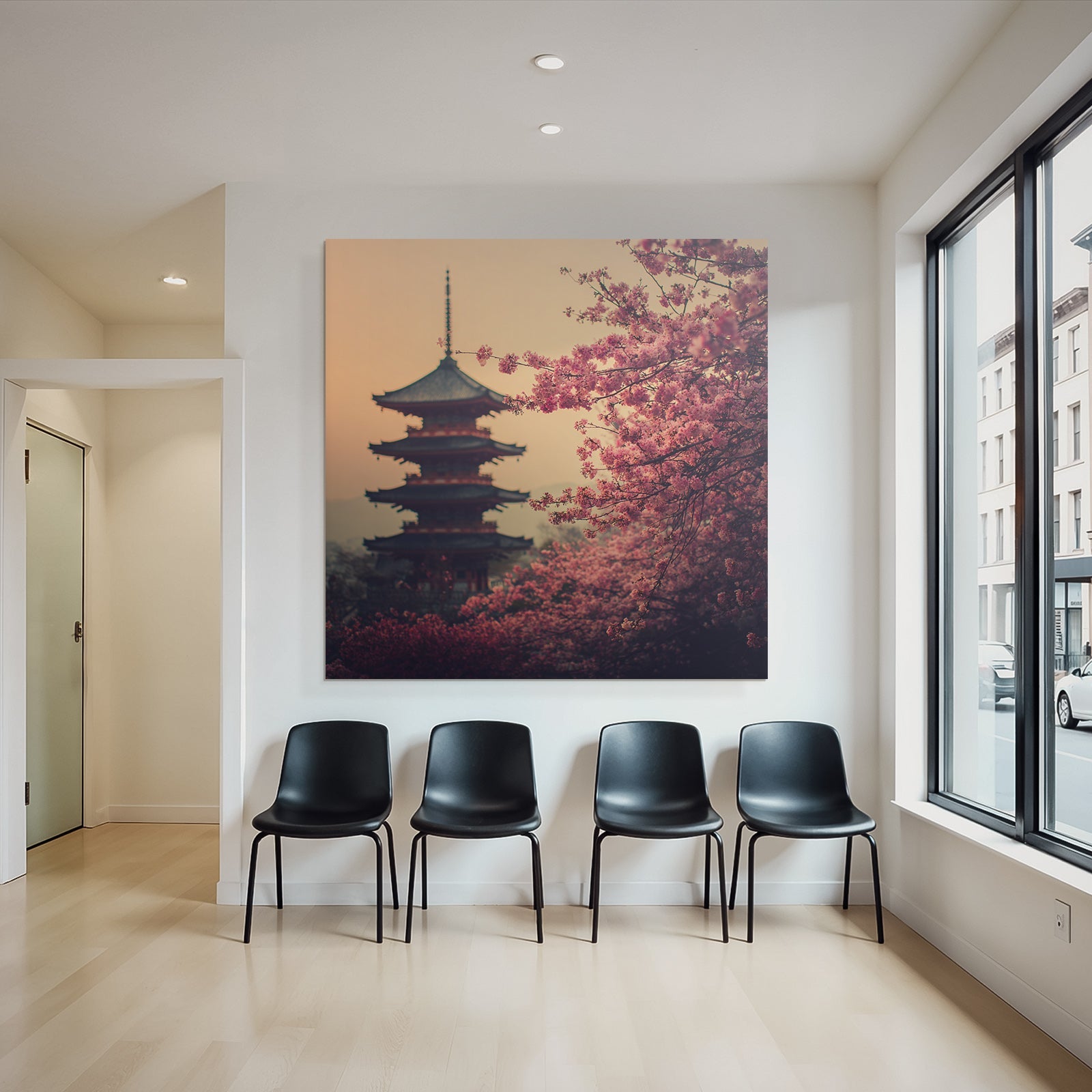 Sunset with pagoda and cherry blossoms