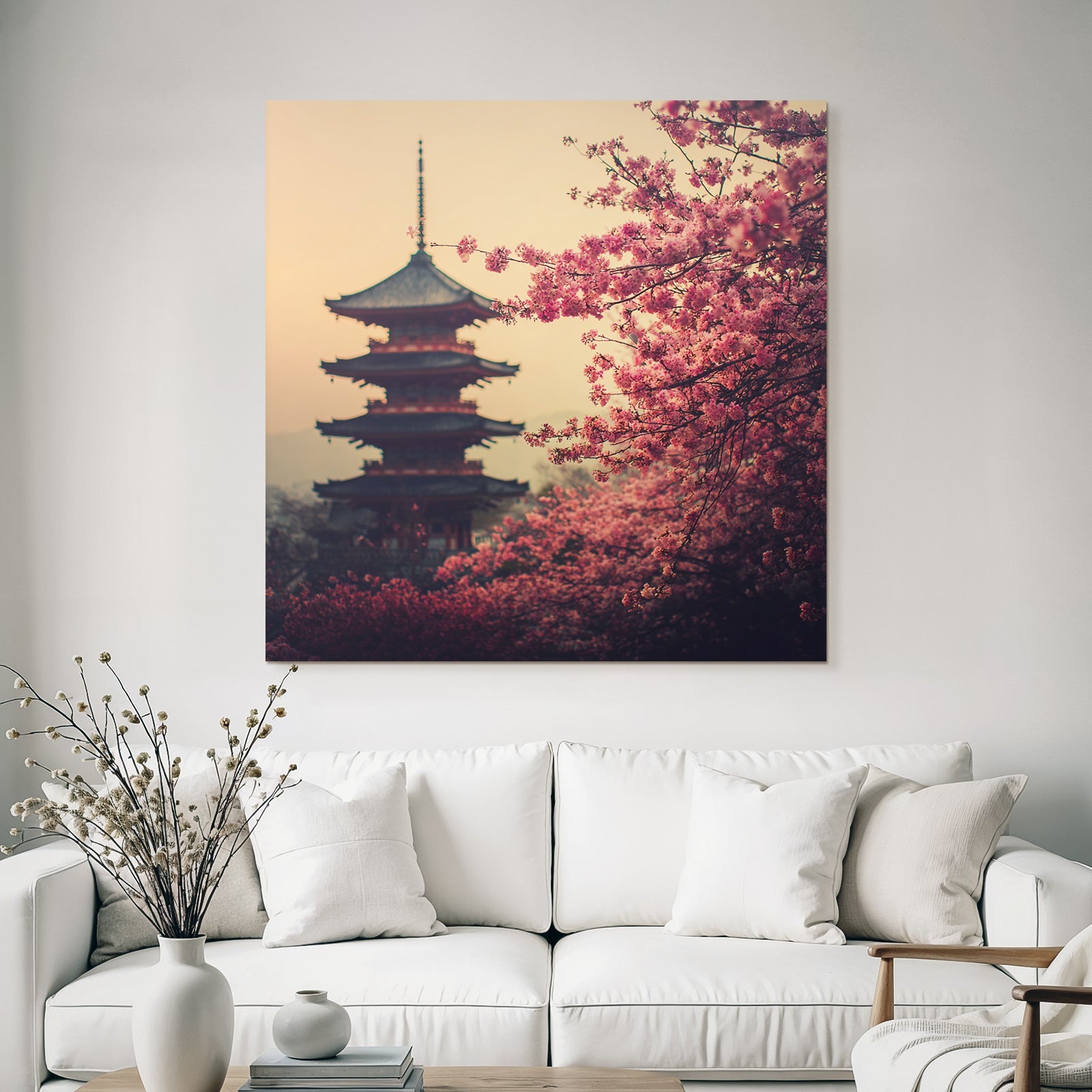 Sunset with pagoda and cherry blossoms