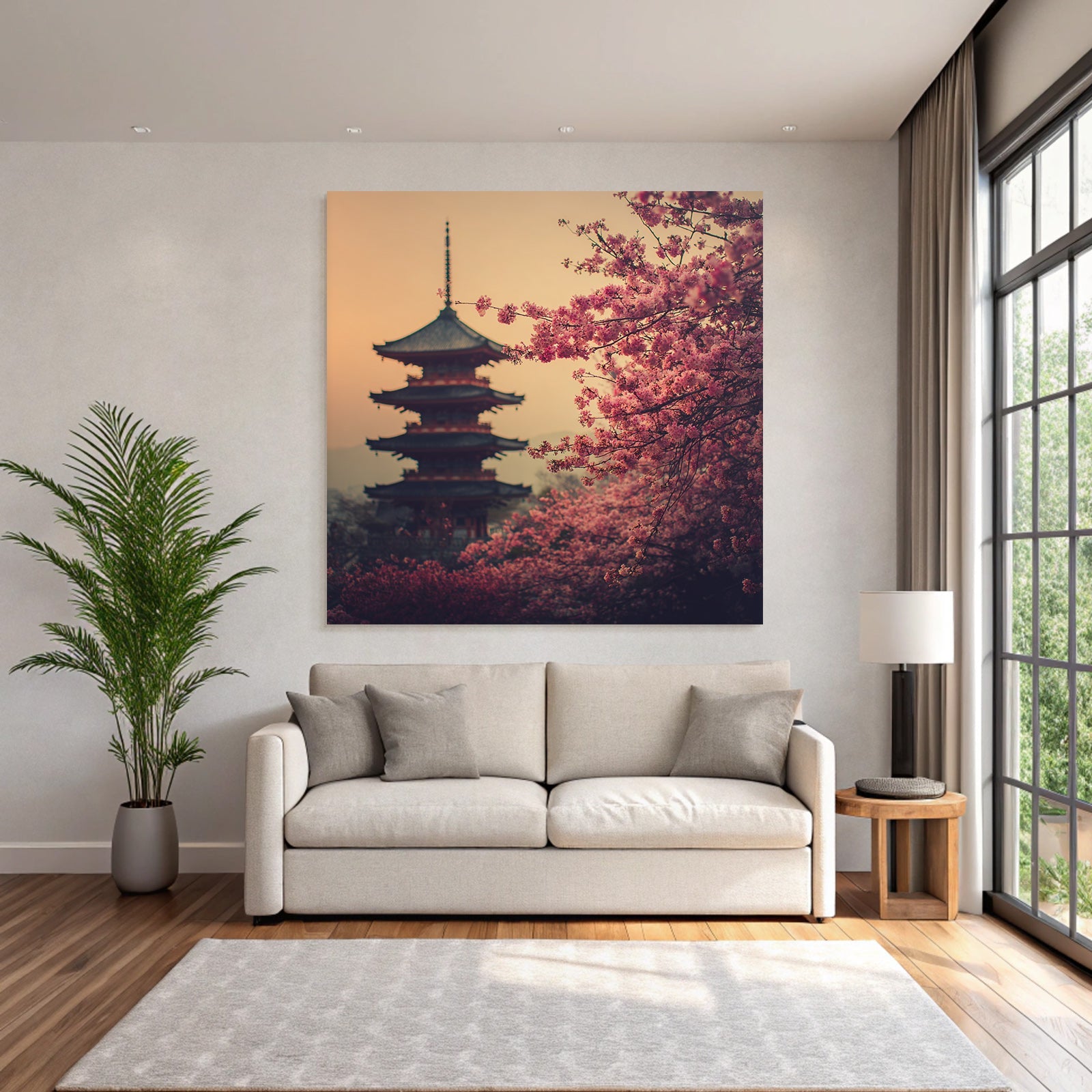 Sunset with pagoda and cherry blossoms