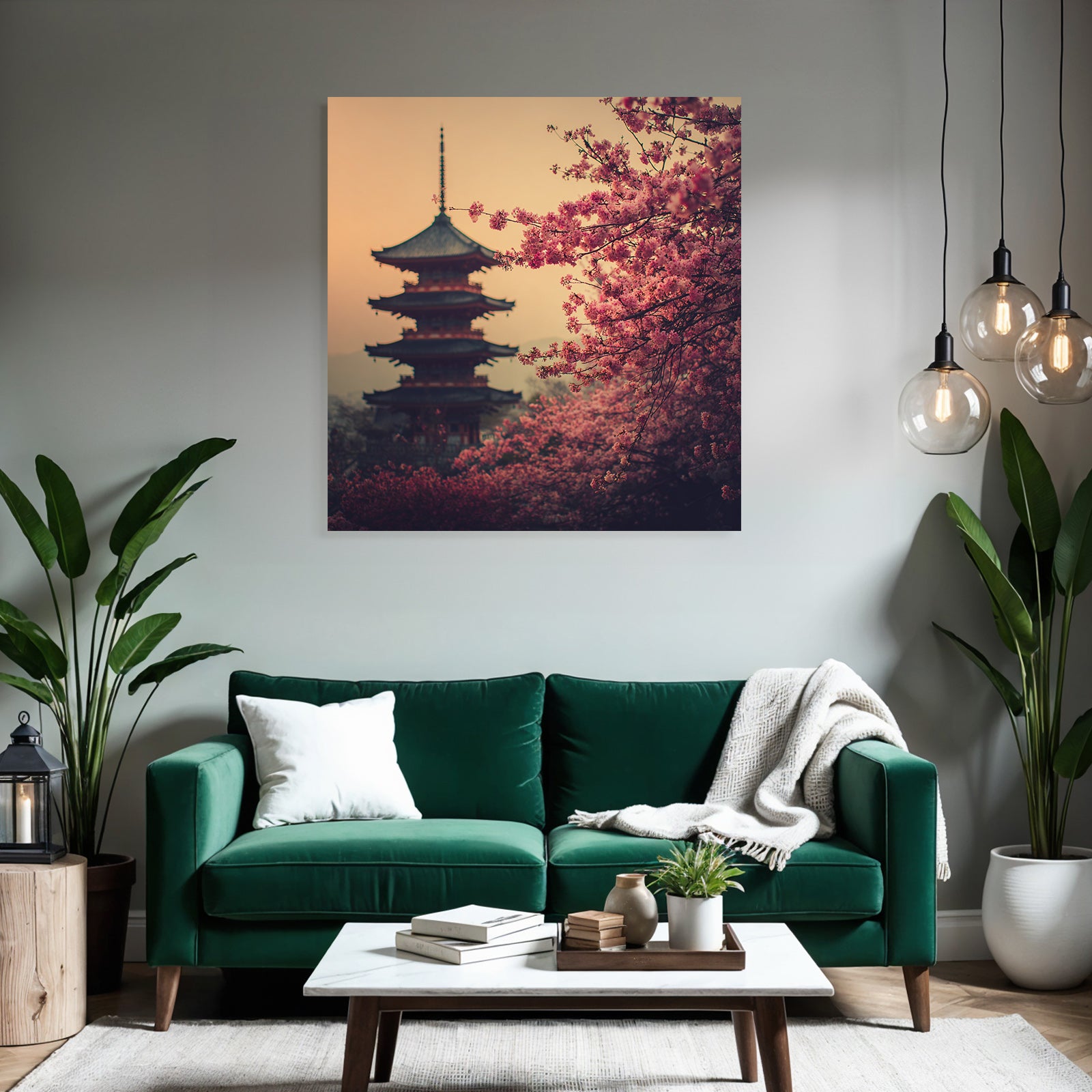 Sunset with pagoda and cherry blossoms