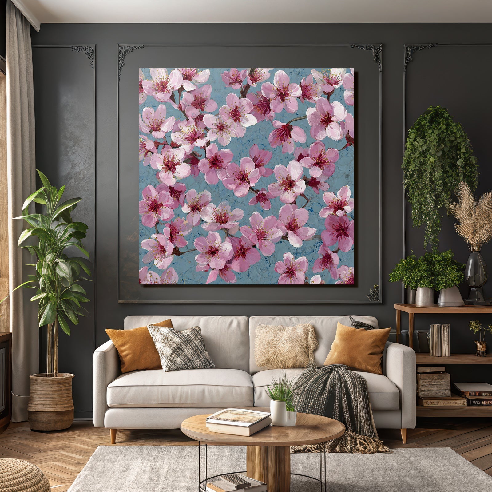 Zarte Rosa Blüten Auf Texturiertem Blaüm Hintergrund