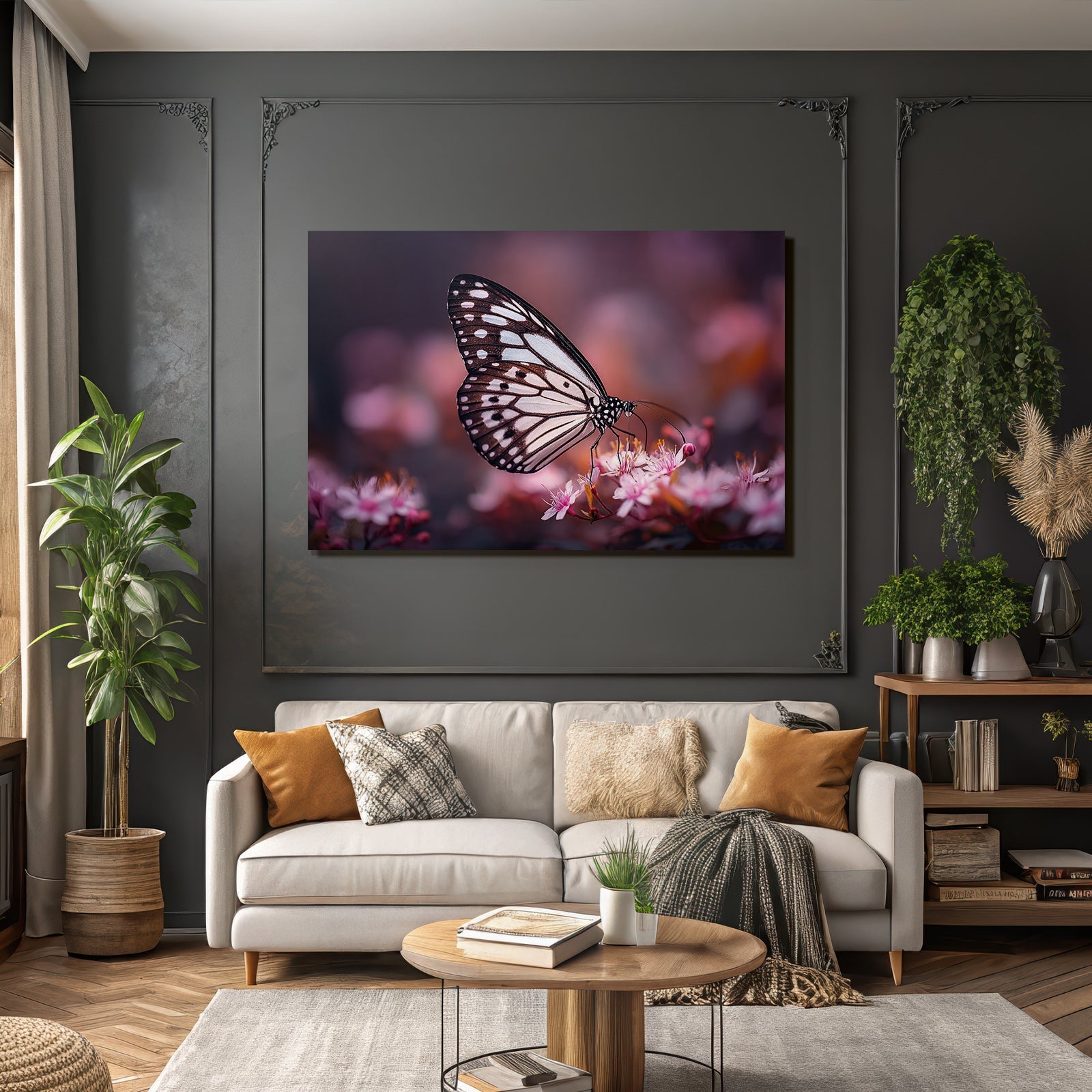 Schwarzweiss Schmetterling Auf Rosafarbenen Blumen