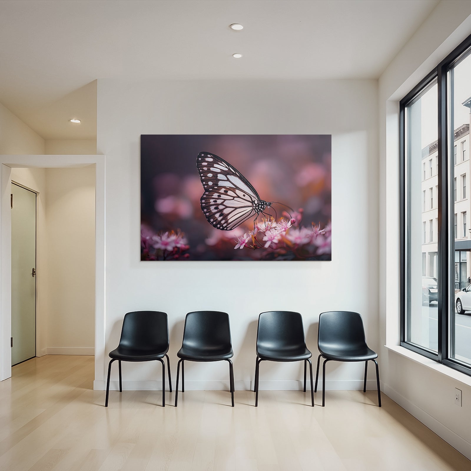 Schwarzweiss Schmetterling Auf Rosafarbenen Blumen