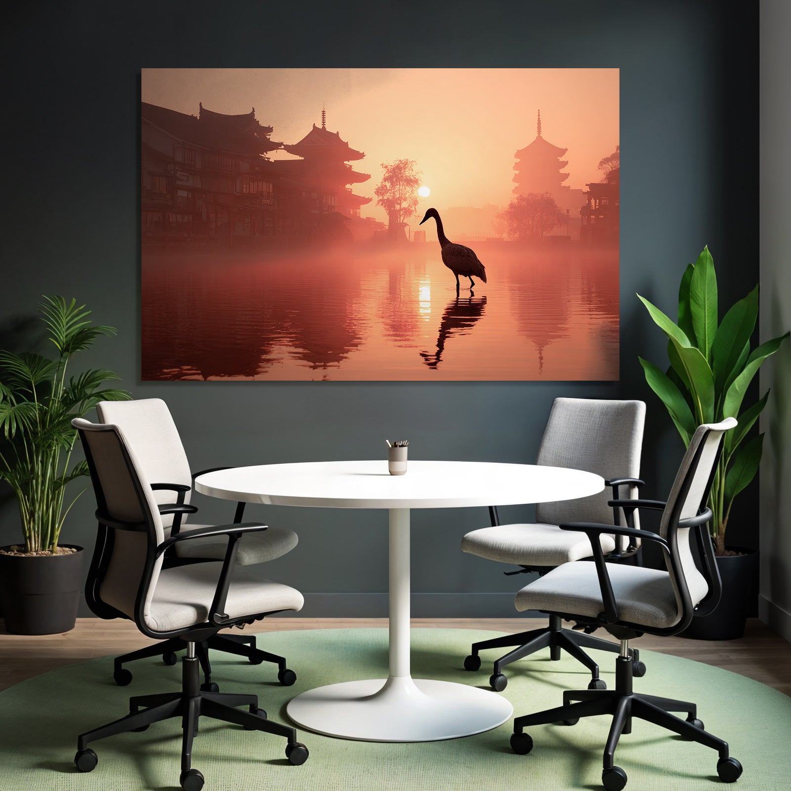 Sunrise silhouettes of traditional architecture and wading bird in the mist