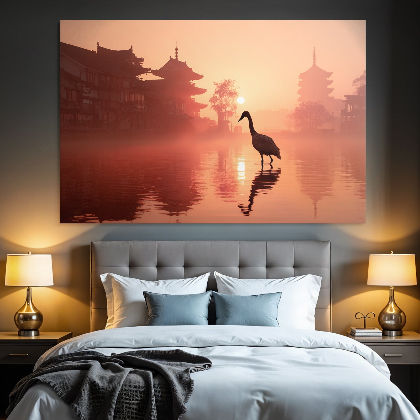 Sunrise silhouettes of traditional architecture and wading bird in the mist