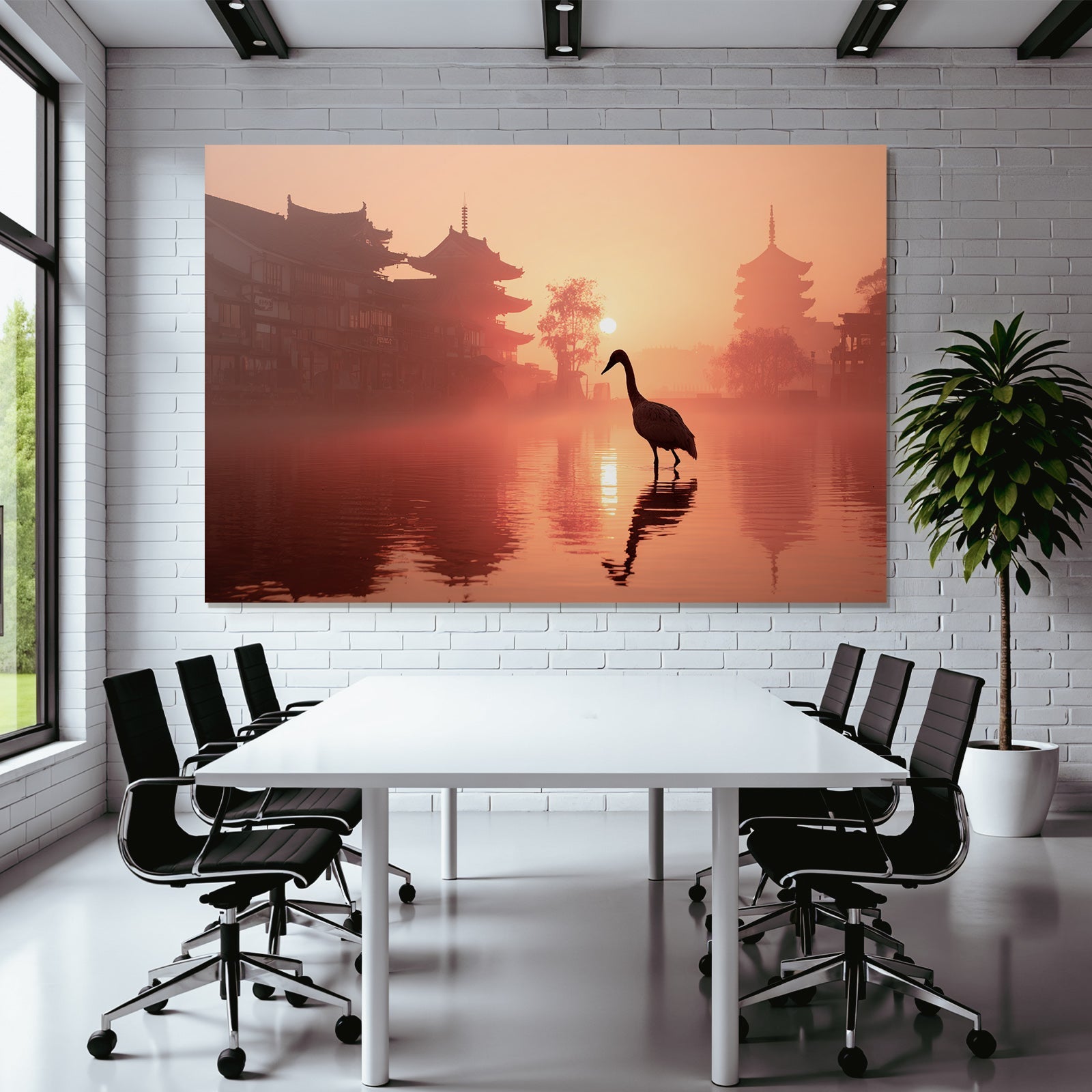 Sunrise silhouettes of traditional architecture and wading bird in the mist