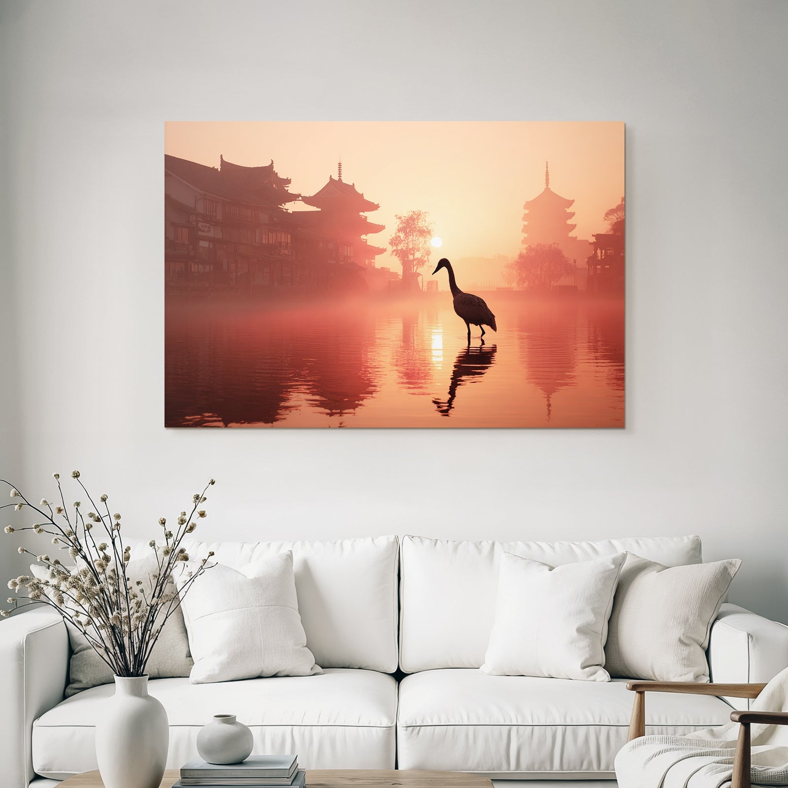 Sunrise silhouettes of traditional architecture and wading bird in the mist