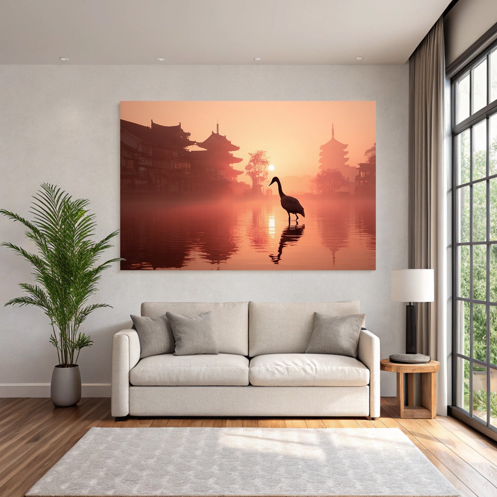 Sunrise silhouettes of traditional architecture and wading bird in the mist