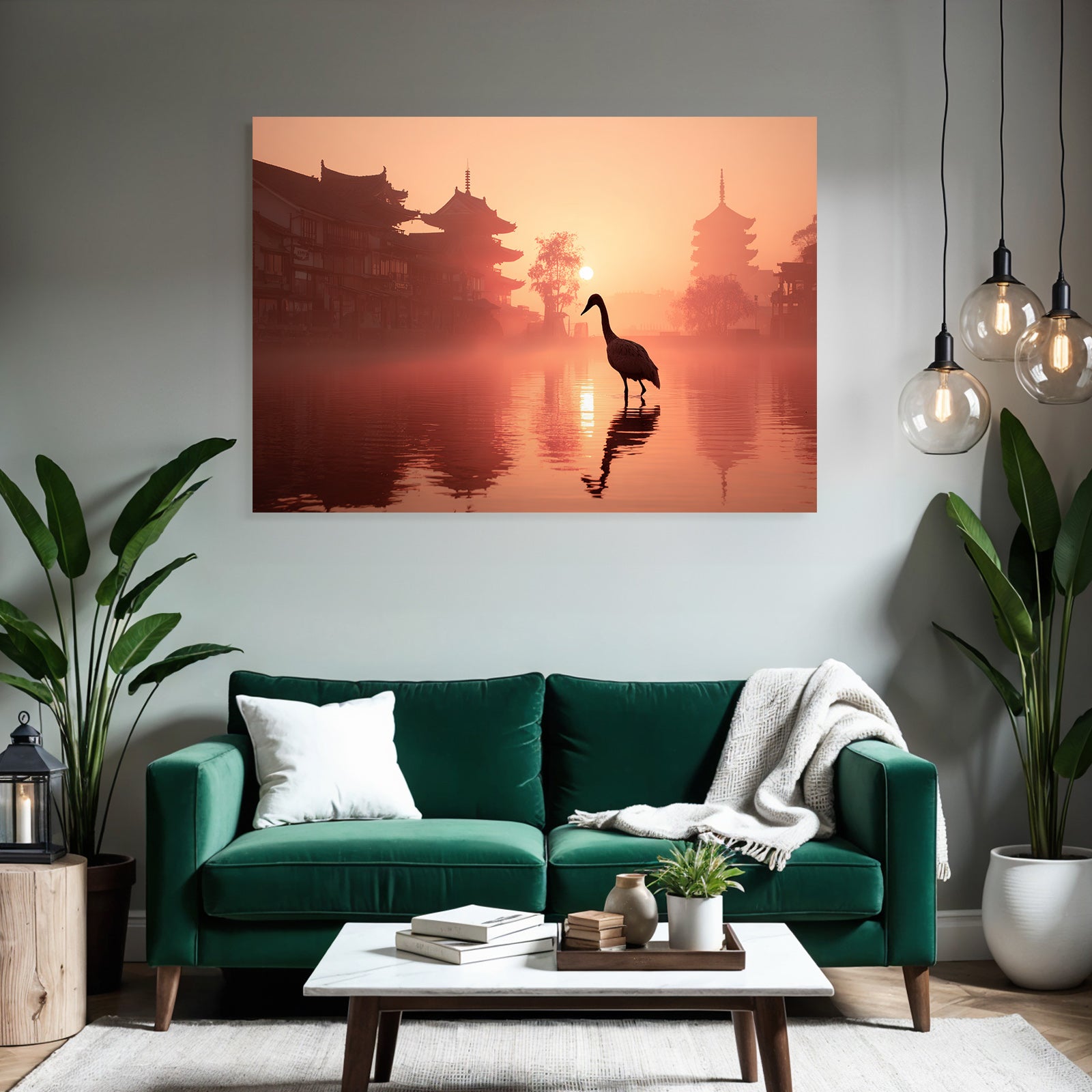 Sunrise silhouettes of traditional architecture and wading bird in the mist