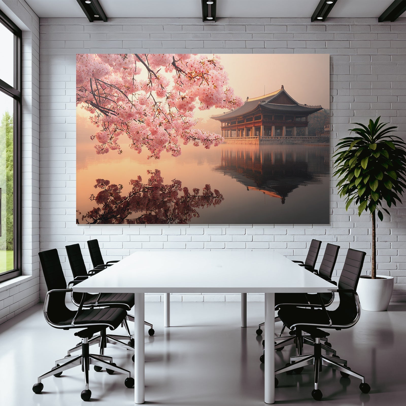 Traditioneller Pavillon Spiegelung Im Nebligen See Mit Kirschblüten