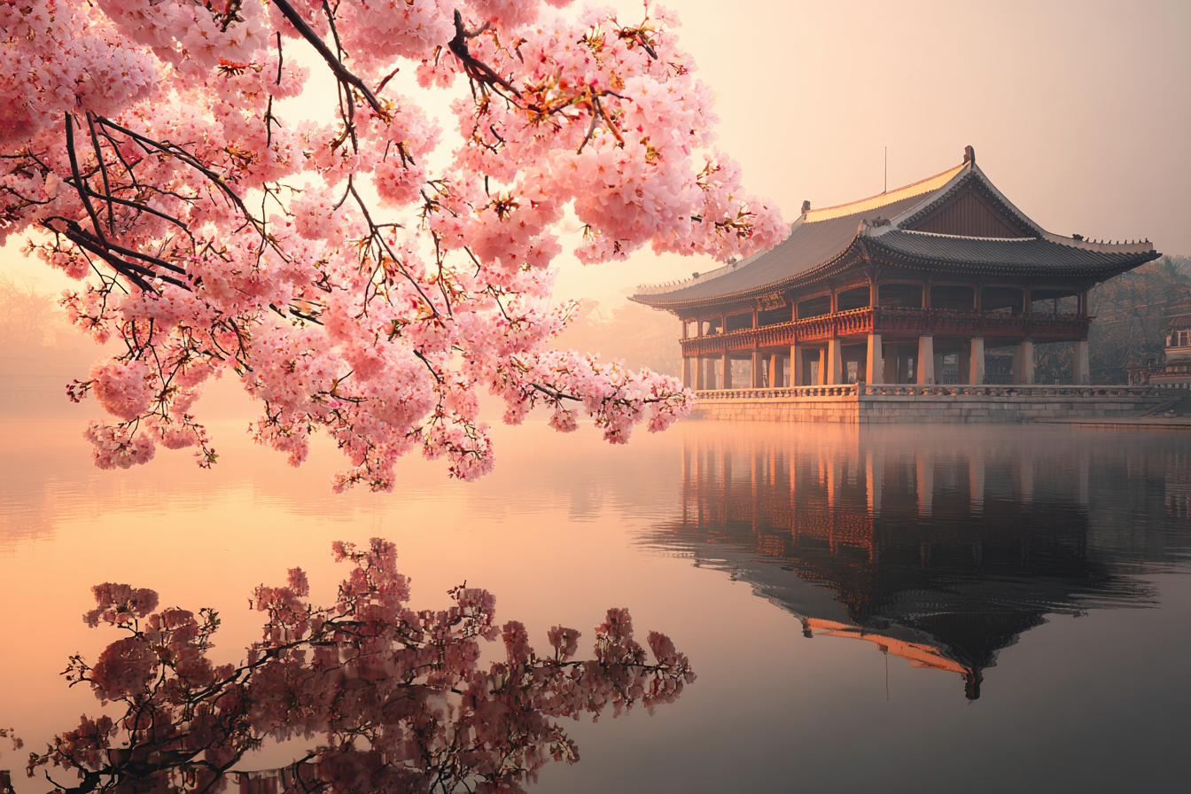 Traditioneller Pavillon Spiegelung Im Nebligen See Mit Kirschblüten | Asien | Laender und Reisen