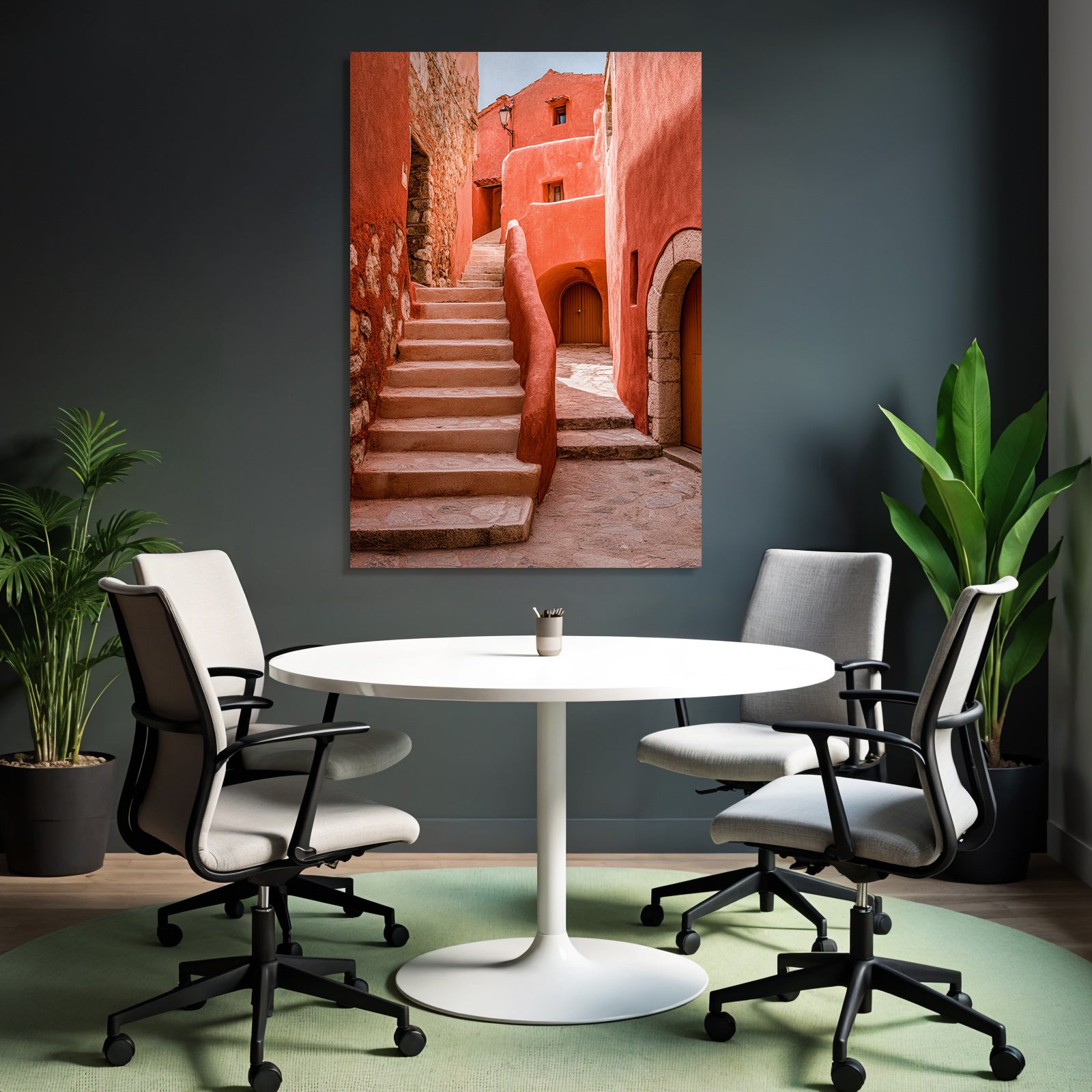 Mediterrane Gasse Mit Orangenen Wänden Und Steintreppe