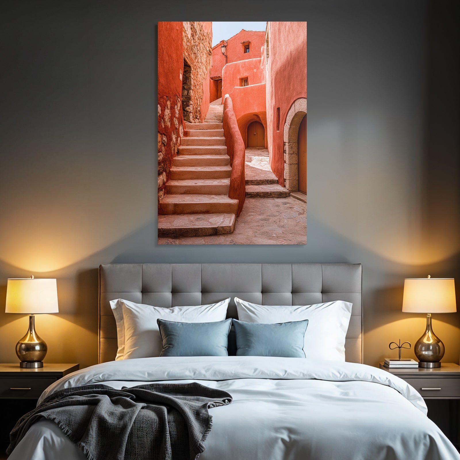 Mediterrane Gasse Mit Orangenen Wänden Und Steintreppe