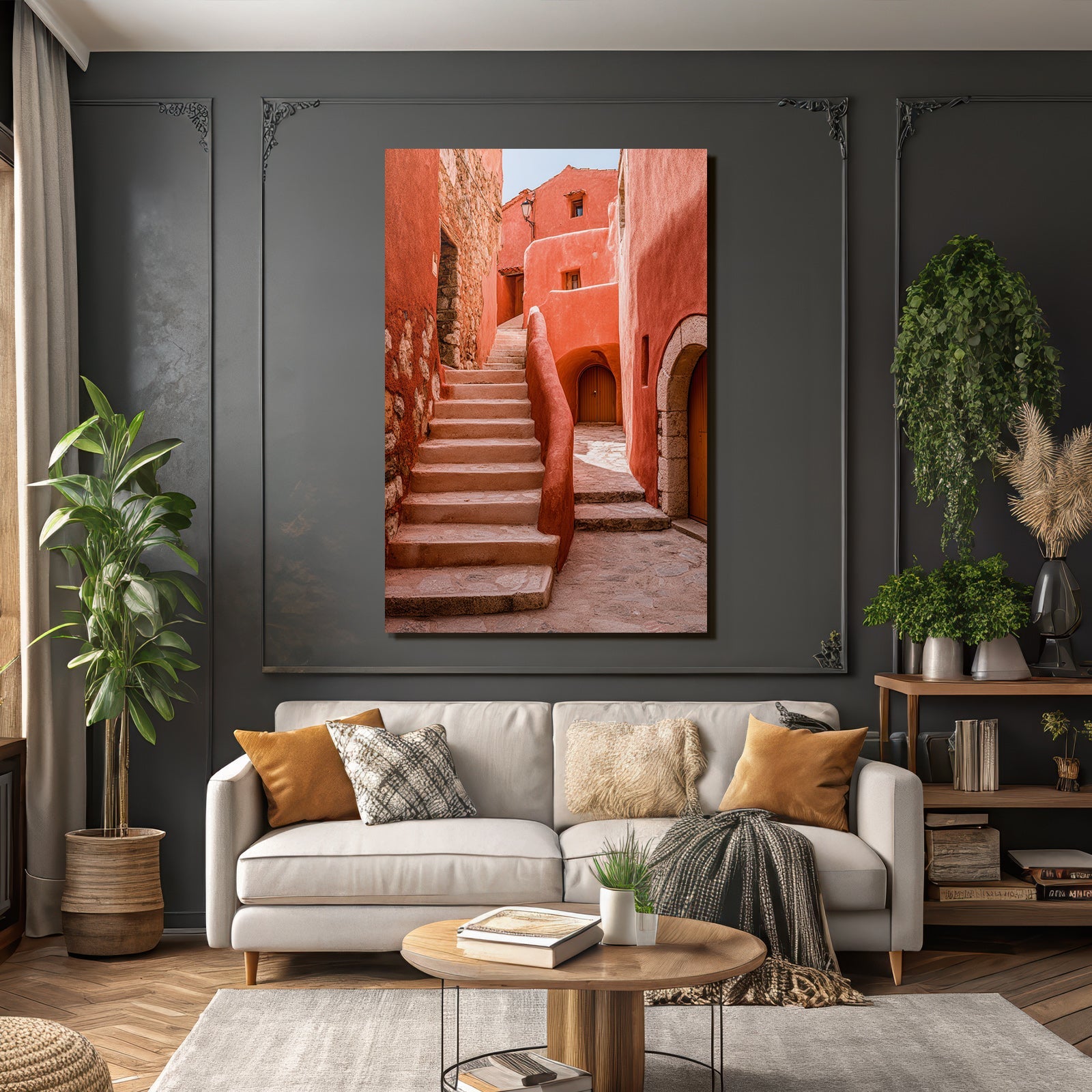 Mediterrane Gasse Mit Orangenen Wänden Und Steintreppe