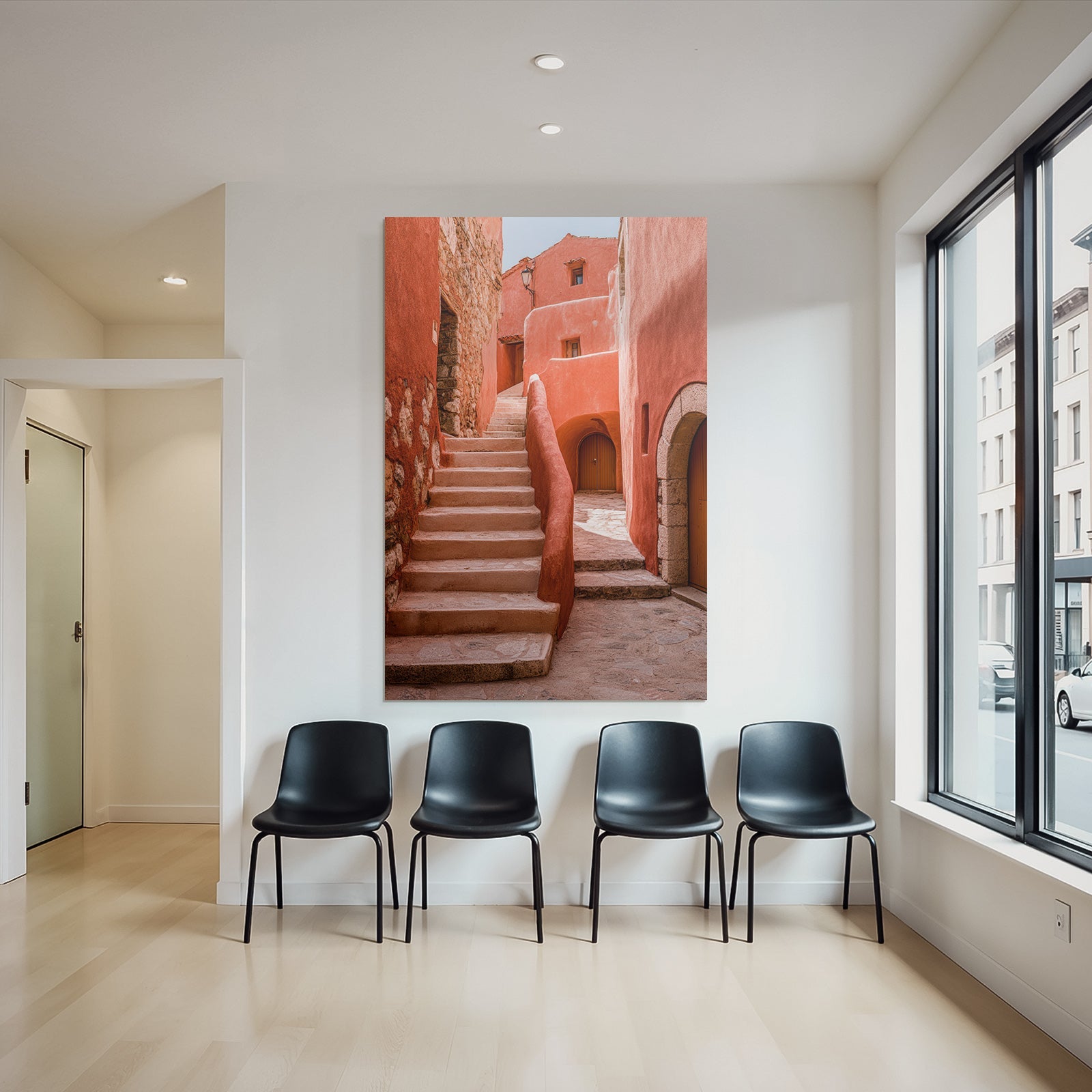 Mediterrane Gasse Mit Orangenen Wänden Und Steintreppe