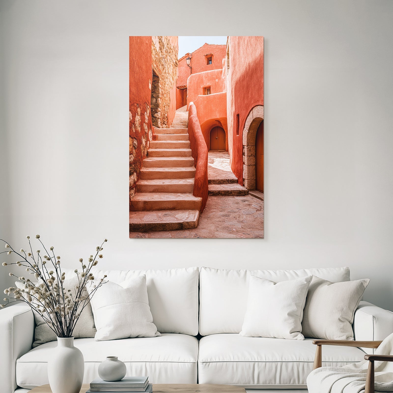 Mediterrane Gasse Mit Orangenen Wänden Und Steintreppe