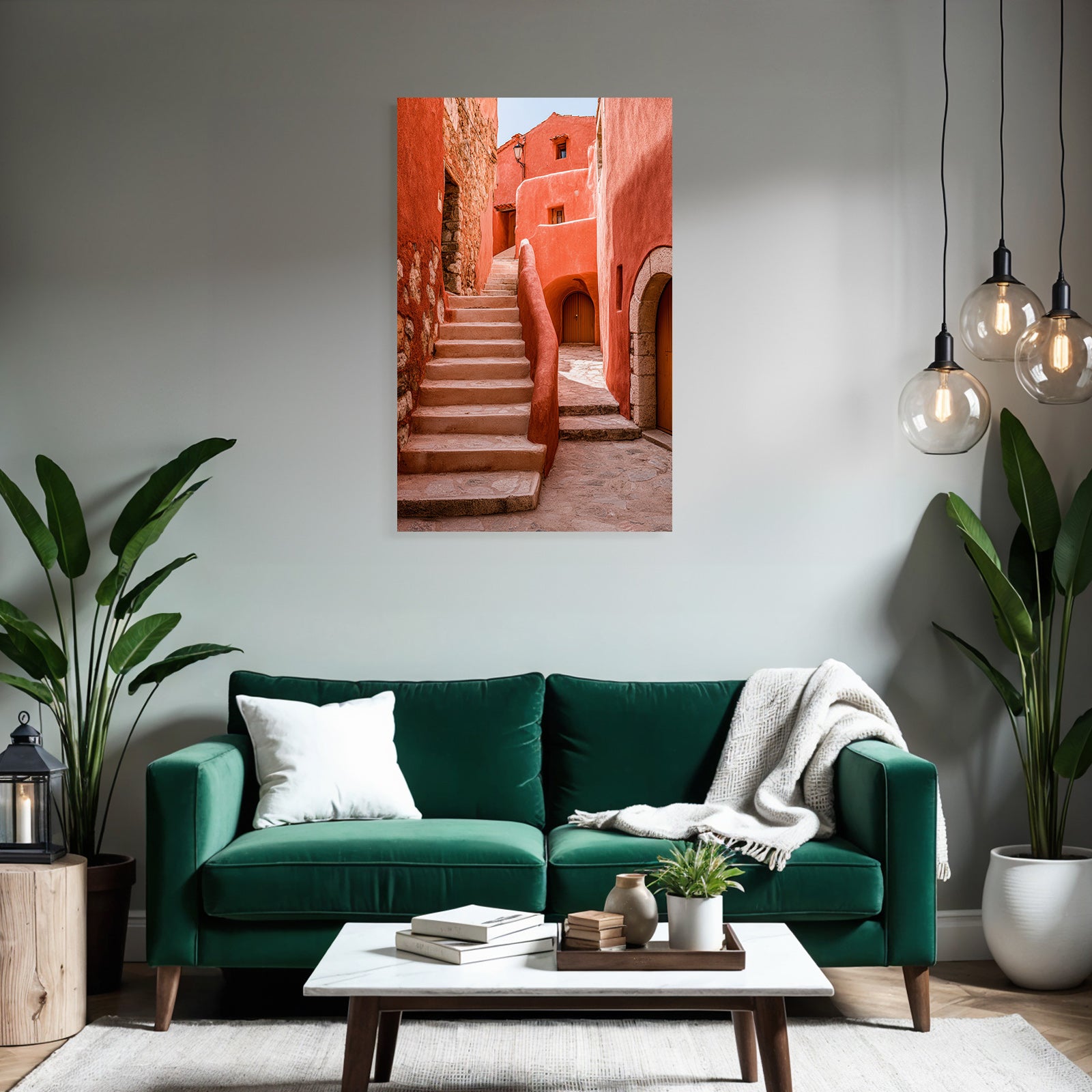 Mediterrane Gasse Mit Orangenen Wänden Und Steintreppe