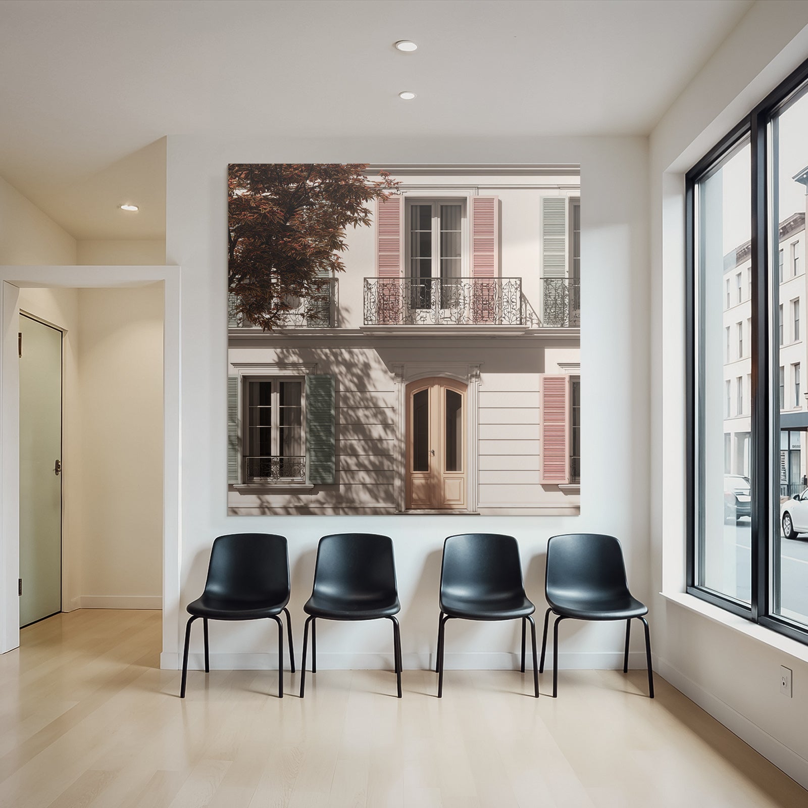 Klassische Hausfassade Mit Balkonen Pastellfarbenen Fensterläden Tür Und Baum