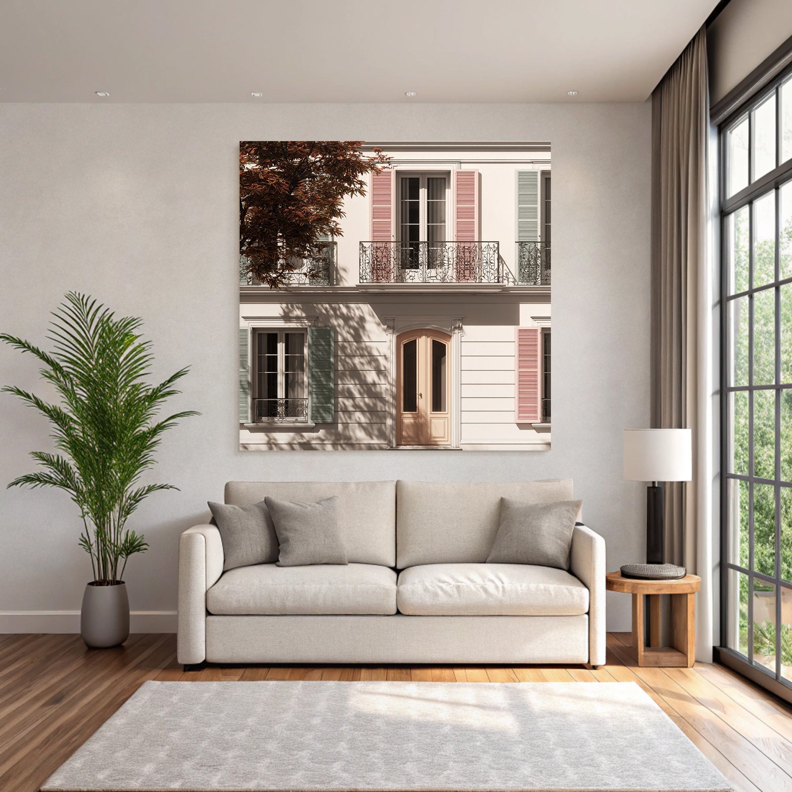 Klassische Hausfassade Mit Balkonen Pastellfarbenen Fensterläden Tür Und Baum