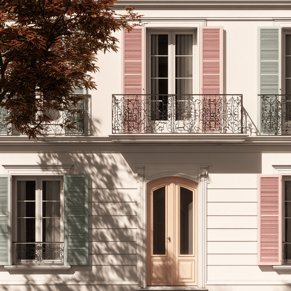 Klassische Hausfassade Mit Balkonen Pastellfarbenen Fensterläden Tür Und Baum | Europa | Laender und Reisen