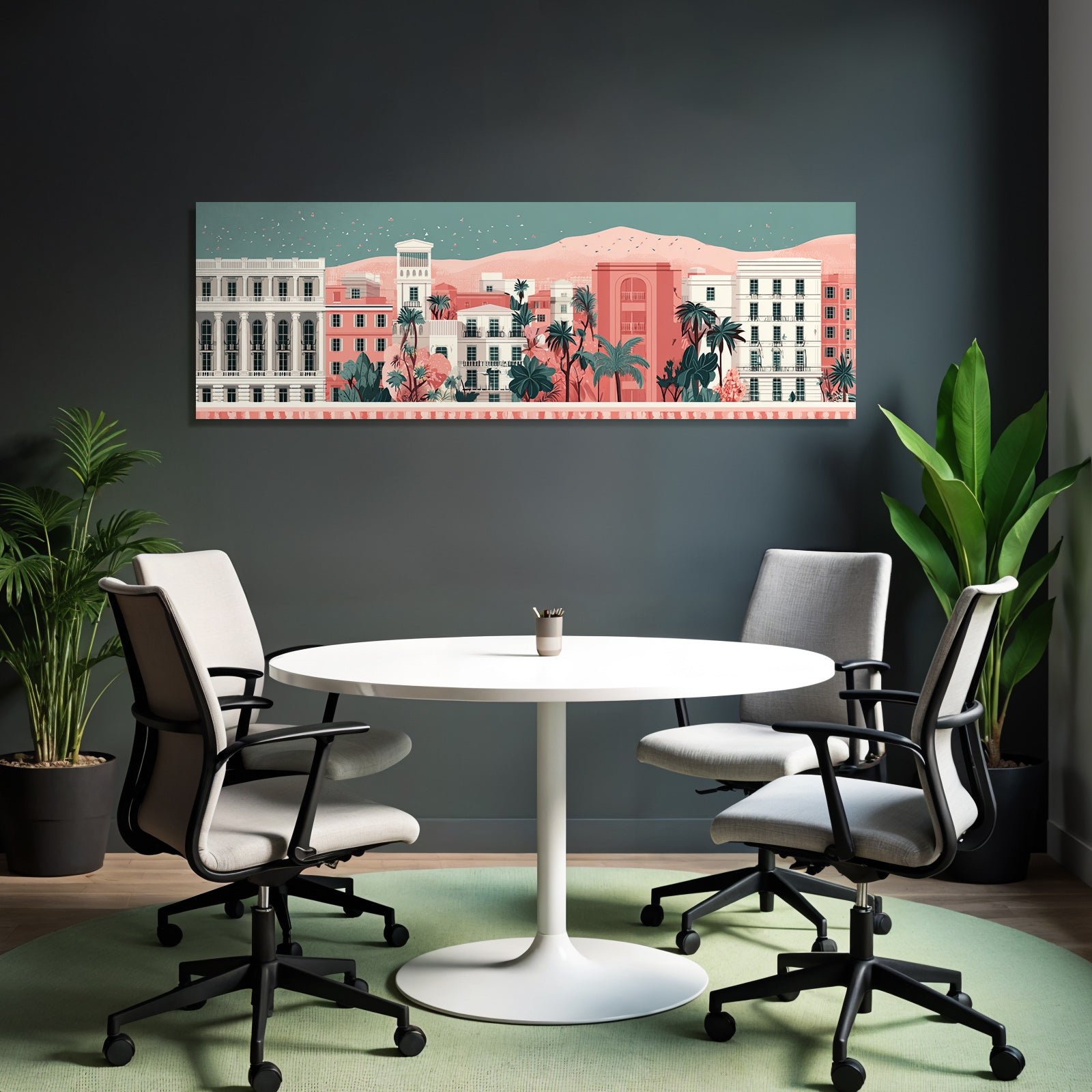 Caribbean island world Pastel-colored city skyline with colorful houses, palm trees and mountain backdrop